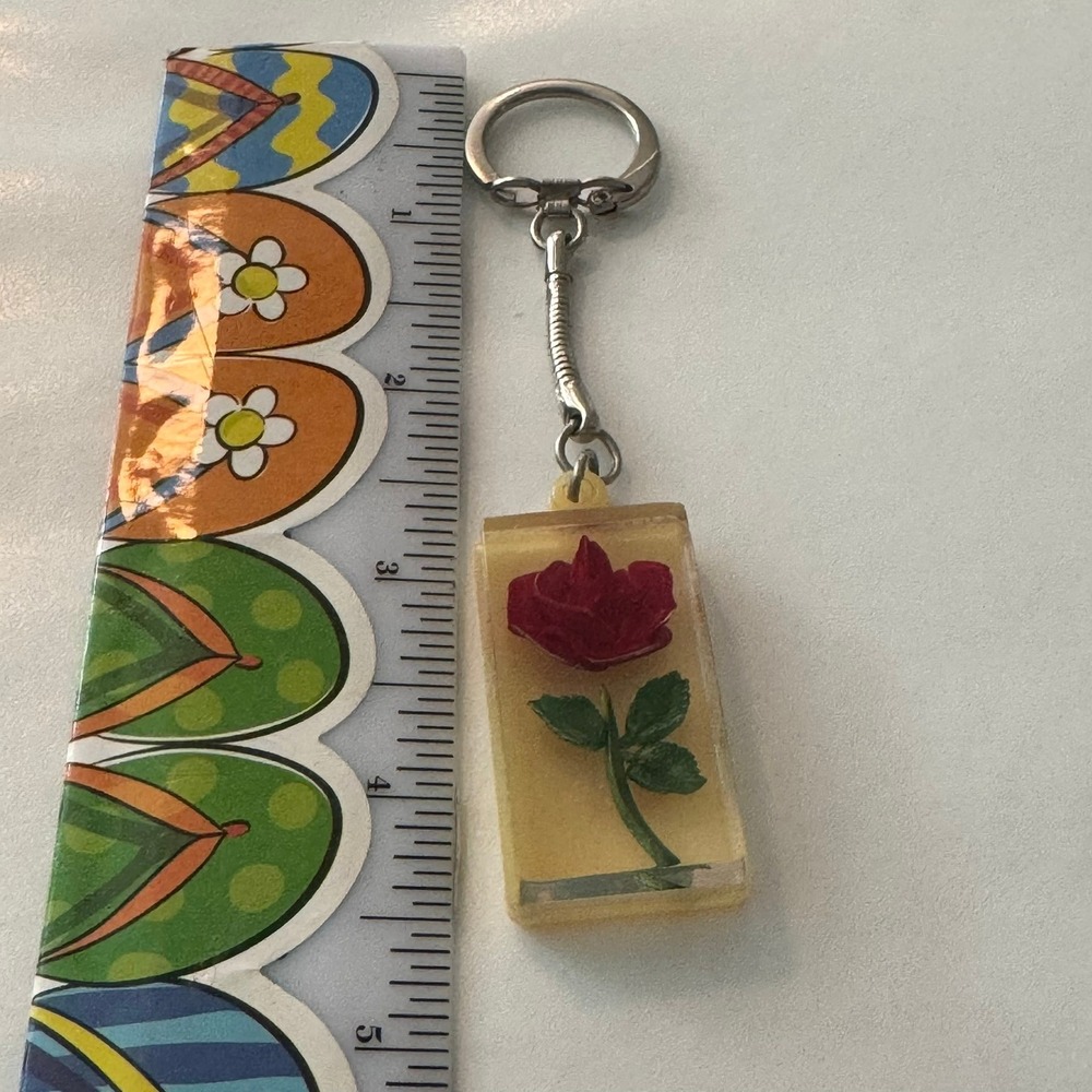 Vintage Bircraft Keychain Red Rose &Green Stem Floral Charm